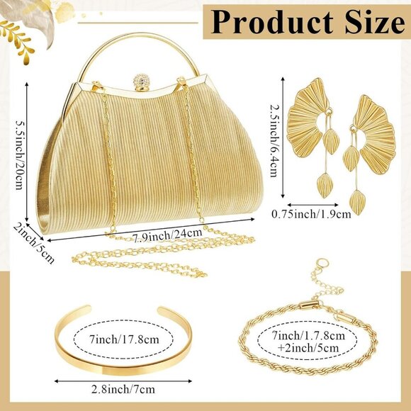 Trendy Gold Evening Accessory Set: Clutch, Bracelets, and Earrings Included - Picture 2 of 7